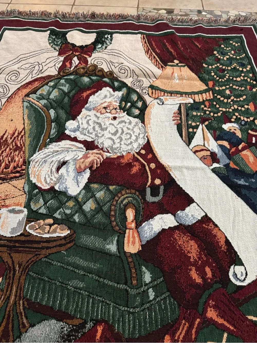 Vintage 1996 Santa Christmas Tapestry Throw Blanket Maxwell Woodworkers Fringe